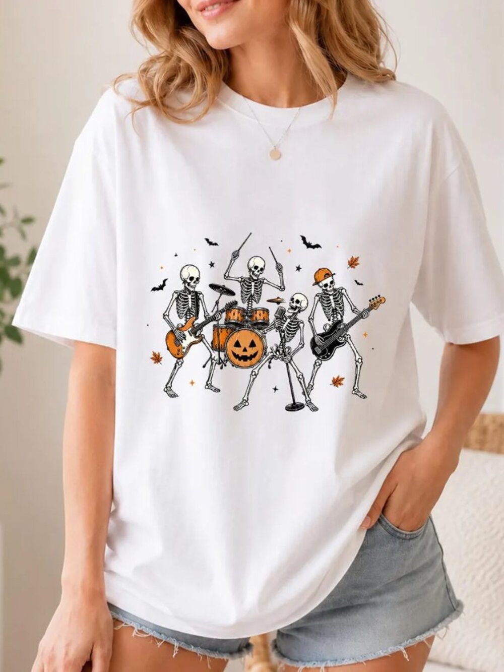 Skeleton Rock Band Halloween Shirt, Vintage Pumpkin Drum Skeleton Musician Tee